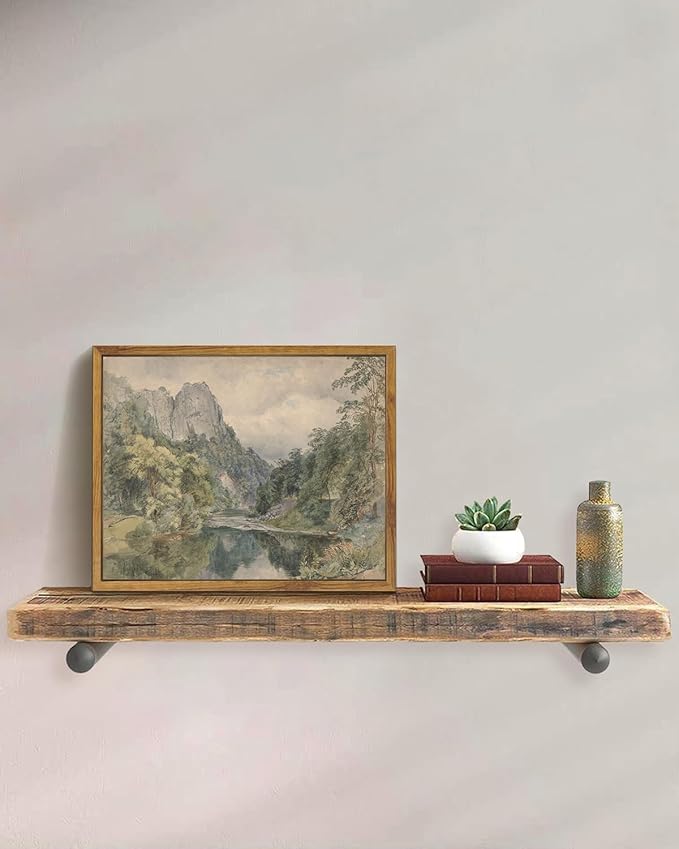 KISSFOX Vintage Framed Wall Art River Valley Landscape Canvas Wall Art Mountain Stream Natural Serene Countryside Paintings Artwork Rustic Art Prints For Bedroom Bathroom Living Room
