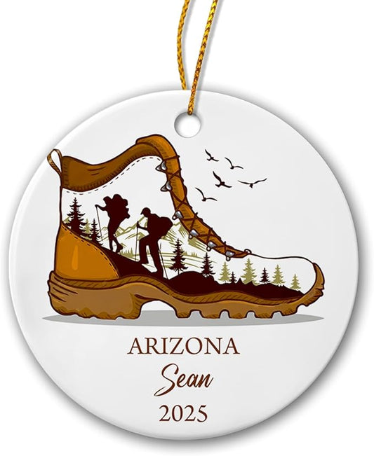 Hiking Boot Ceramic Ornaments, Personalized for Men Women, Hiking Adventure Xmas Ornament Gift for Hikers, Custom Hiker Ornament Christmas Tree with Name, Hiking Nature Lover Gifts