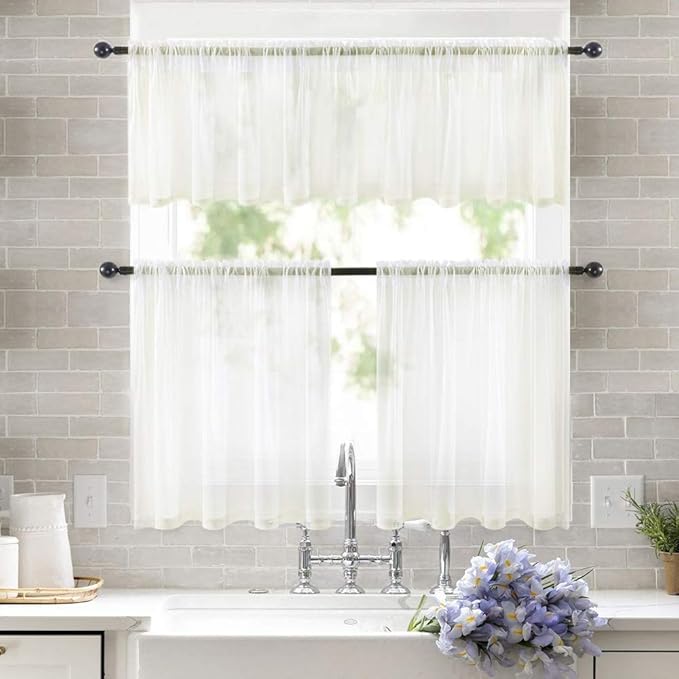 MIULEE Short Sheer Curtains 30 Inch Length for Kitchen Bathroom Cafe Half Window Treatment, Rod Pocket Tier Curtains 2 Panels, 29x30 Inches Long, Ivory