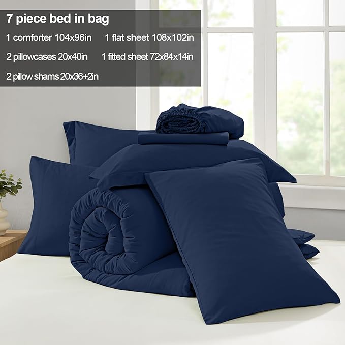 Homelike Moment California King Comforter Set 7 Piece, Navy Bed in a Bag Cal King Size Set Lightweight and Machine Washable
