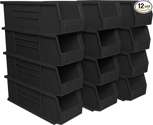 Akro-Mils 30234 AkroBins Plastic Storage Bins, Space-Saving Stackable Bins for Garage, Pantry, Craft Organization, 15" x 5" x 5", Black, 12-Pack