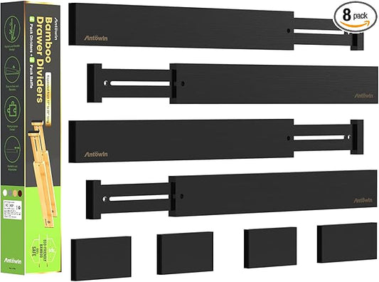 ANTOWIN Bamboo Drawer Dividers Organizers, Drawer Separators Splitter,17-22 inches Long Adjustable Spring-loaded Organizer for Large Utensil, Clothes, Tools Drawers (Black)