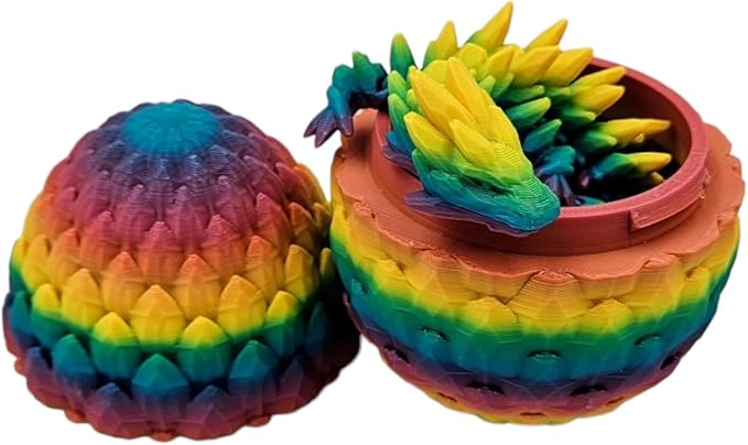 3D Printed Dragon Egg Articulating Gemstone Dragon Fidget Figurine - Vibrant Color Dragons Flexible ADHD, Autism and Anxiety Relief - Articulated Joints (Rainbow)