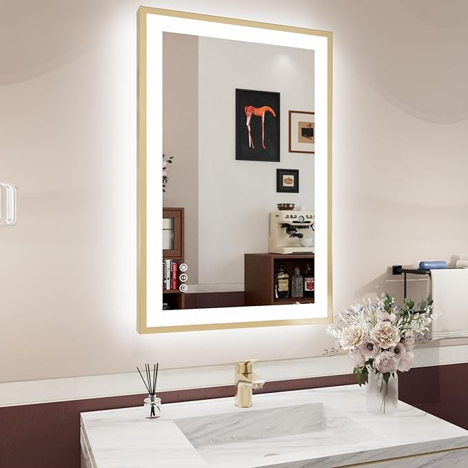 24x36 LED Bathroom Mirror Gold Frame, Front Light and Backlit Anti-Fog Dimmable Memory Lighted Vanity Mirror, Shatterproof Wall-Mounted Led Mirror for Bathroom(Horizontal/Vertical)