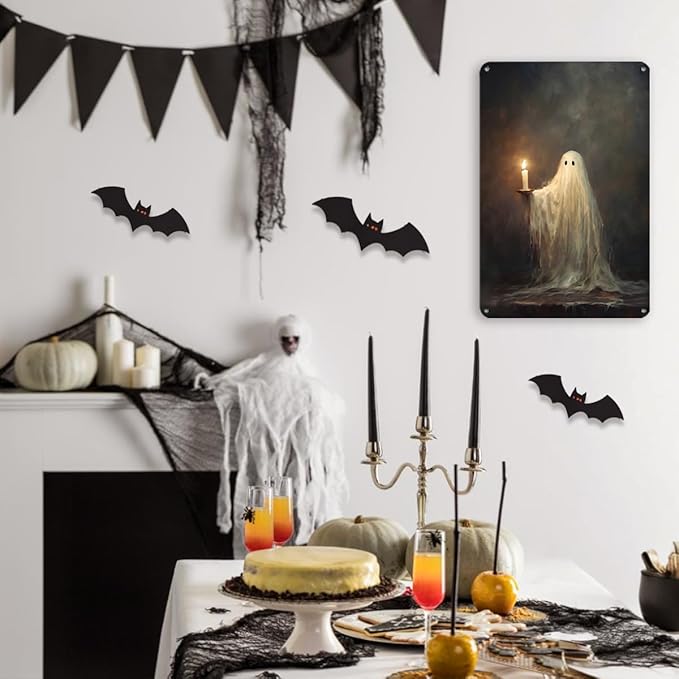 Halloween Ghost Wall Art Decorations Outdoor Indoor Halloween Party Decorations Spooky Home Decor Gifts Vintage Dark Candles Metal Aluminium Plate Sign for Porch Yard Kitchen Bedroom Bathroom