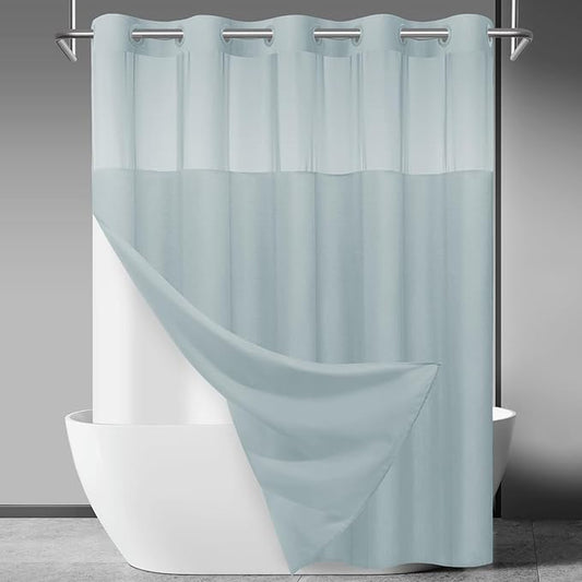 No Hook Slub Textured Shower Curtain with Snap in Liner - Blue Fabric Outer Curtain & Waterproof Inner Liner, Hotel Style with See Through Top Window, 71x74 in