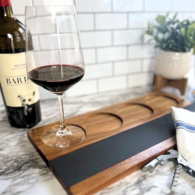 Wooden Flight Board Set – Wine, Beer, Whiskey, Mimosa, and Cocktail Tasting Tray – Acacia Wood Serving Board with Slate Chalkboard – Home Bar & Entertaining Gift (Set of 4, 16x8 inches)