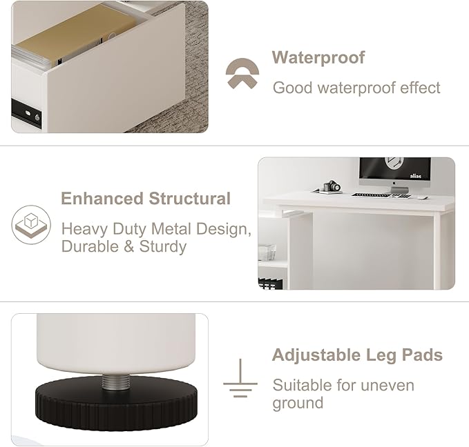 L Shape Computer Desk with 3 Drawers and 2 Shelves, Home Office Desk Corner Small Desk with Storage Cabinet for Writing Study Executive – White