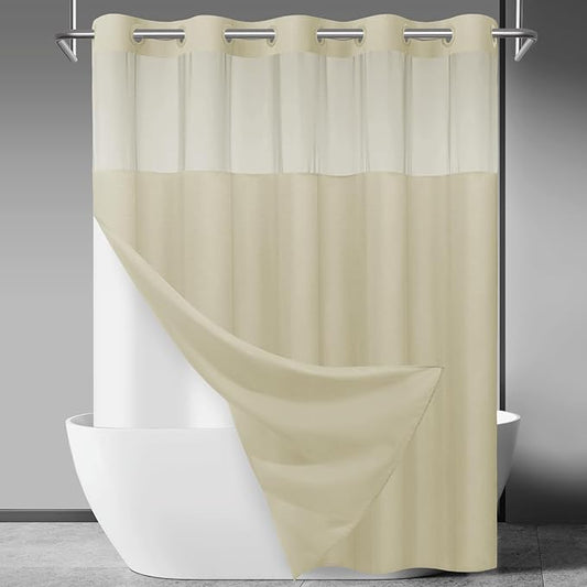 No Hook Slub Textured Shower Curtain with Snap in Liner - Linen Fabric Outer Curtain & Waterproof Inner Liner, Hotel Style with See Through Top Window, 71x86 in