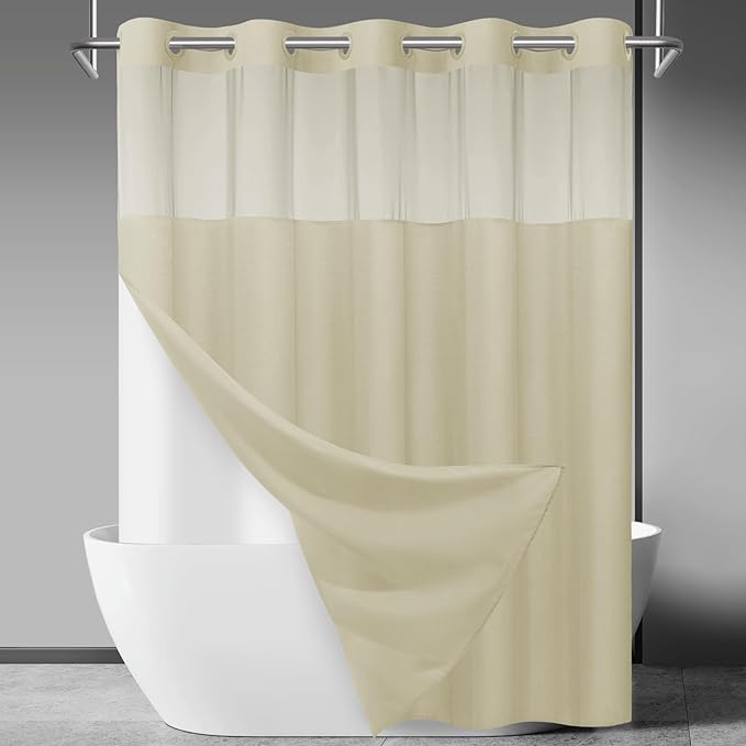 No Hook Slub Textured Shower Curtain with Snap in Liner - Linen Fabric Outer Curtain & Waterproof Inner Liner, Hotel Style with See Through Top Window, 71x74 in