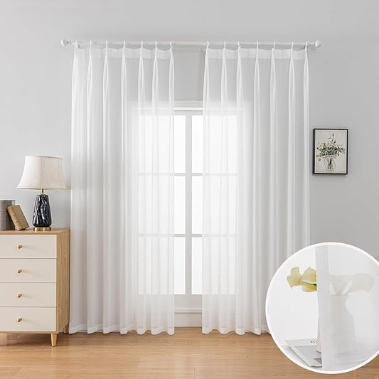 Off White Sheer Curtains 90-inch Long Pinch Pleated Curtains for Bedroom Living Room Yard 1 Panel Light Filterring Pinch Pleat Chiffon Curtain & Drapes for Sliding Glass Door, W66 x L90