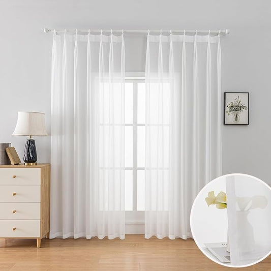 Pinch Pleated 102 Inch White Curtains 2 Panels Set for Living Room Light Filtering Chiffon Sheer Curtains Pinch Pleat Semi Sheer Drapes for Sliding Glass Door, 52" W x 102" L