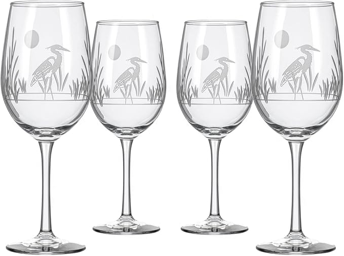 Rolf Glass Heron White Wine Glass | 12oz Stemmed Wine Glass | Lead-Free and Diamond-Wheel Etched | Proudly Made in the USA | Coastal Glassware | Set of 4