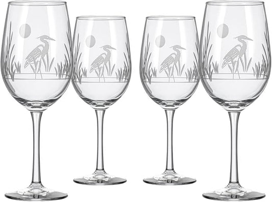 Rolf Glass Heron White Wine Glass | 12oz Stemmed Wine Glass | Lead-Free and Diamond-Wheel Etched | Proudly Made in the USA | Coastal Glassware | Set of 4