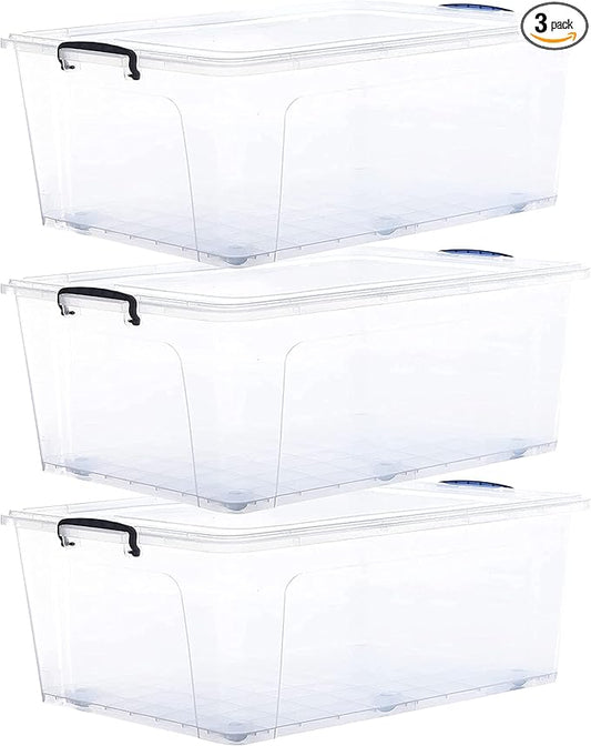 Superio Storage Containers With Wheels (3 Pack), Stackable Large Storage Containers With Lids, Durable Latches (60 Quart)