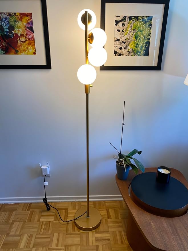 Lightdot 64IN Dimmable (Brightness Adjustable) Globe Floor Lamp, Gold Standing Lamps with 4PCS 3000K G9 Bulbs Soft Warm White Eye Care, Mid Century Modern Floor Lamp for Living Room