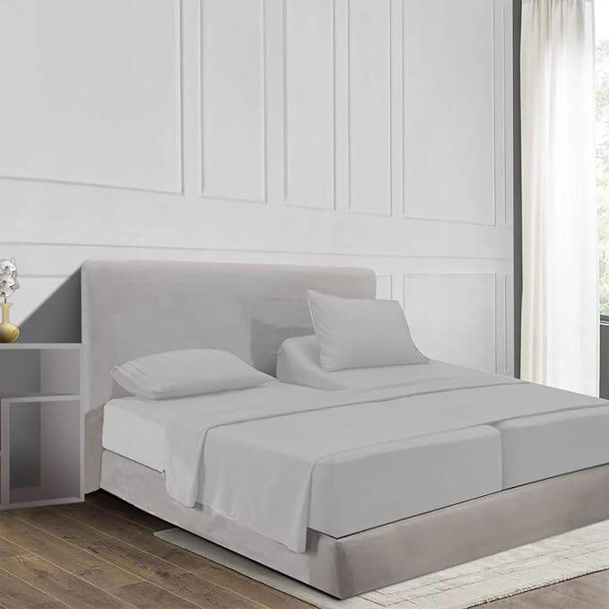 100% Egyptian Cotton Split King Sheet Set 1000 Thread Count Silver Grey Luxury Hotel Soft and Smooth Split King Size Bed Sheets Set 16"Deep Pocket Extra Long Staple Cotton Sateen Weave - 5 PC
