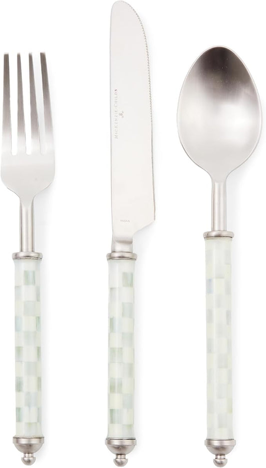 MACKENZIE-CHILDS Supper Club 3-Piece Place Setting, Fork, Spoon, and Knife Dinner Flatware Set, Gray-and-White Sterling Check