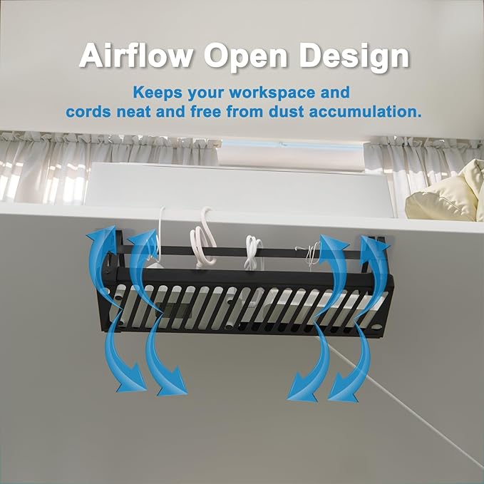 Under Desk Cable Management Tray, 17 in Metal Cable Tray Basket for Wire Management, Power Strip Holder, Cord Organizer, Wire Tamer for Home/Office Desk Cable Hider Black