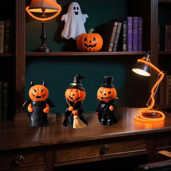 Halloween Decorations Indoor Pumpkin Figurine Set of 3, Mini Handmade Resin Trinket Tray Broom & Witch Pumpkin, Decor for Tabletop Mantel Shelf Home Office Party