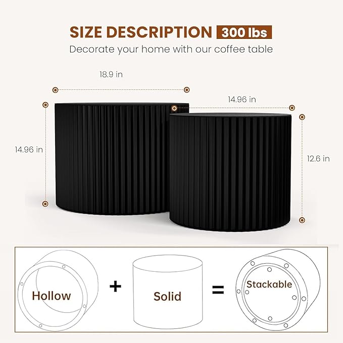 Nesting Coffee Tables Set of 2 Wooden Round Coffee Table Circle Nesting Table Space-Saving Design Modern Coffee Table Round Accent Tables Set for Living Room Bedroom Office (Black D18.9+D15)