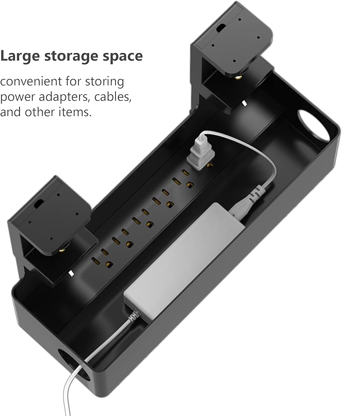 Under Desk Cable Management Tray with 6 AC Power Outlet and Clamp Mount, No Drill Cord Storage Organizers for Wire Management, Standing Desk , Computer Desk Accessories for Office & Home（Black）
