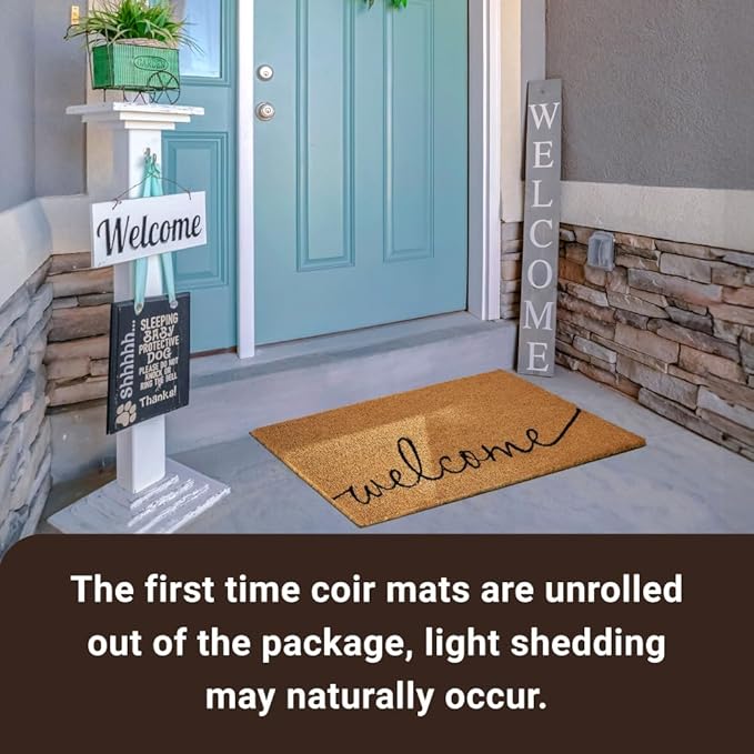 KANKUN Coco Coir Door Mat with Heavy Duty Backing, Welcome Doormat (17" x 30"), Doormat Entrance (Welcome1)
