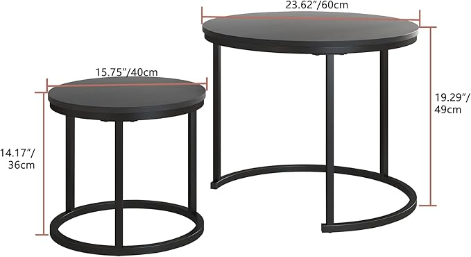 HOJINLINERO Small Coffee Table Set of 2, Round End Tables for Living Room, Modern Black Nesting Tables, Farmhouse Wood Side Table With Metal Frame, Easy Assembly, Stacking