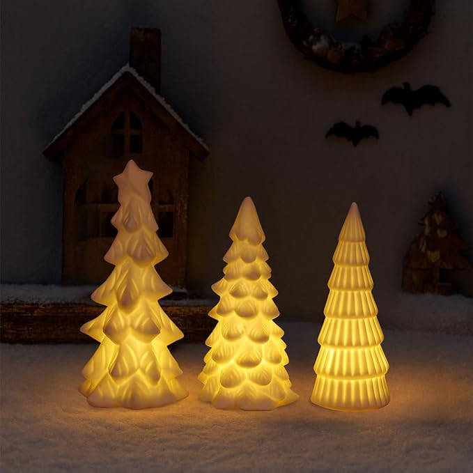 Lighted Ceramic Christmas Tree Decor 3Pcs Small White Christmas Trees with Lights Xmas Tree Figurines for Tabletop Mantel Shelf Fireplace Holiday Decorations for Home and Gift