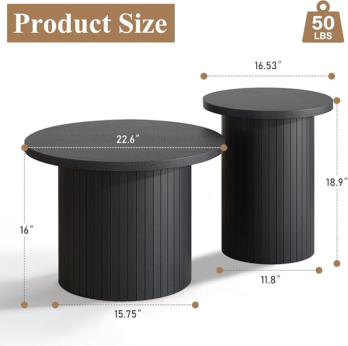 Nesting Coffee Table Set of 2, Mid Century Modern Round Coffee Table, Wood Slat Side Table Set for Living Room, Office, Balcony, Textured Black