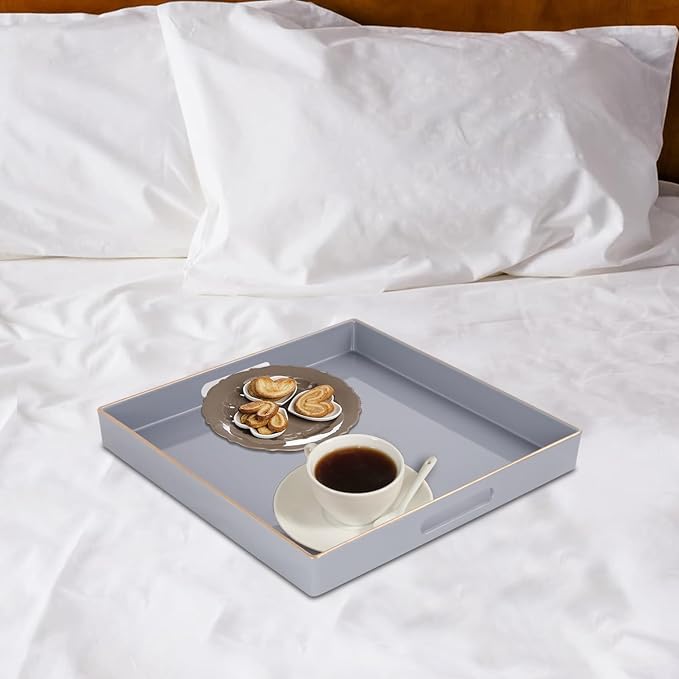 MAONAME Decorative Tray, Gray Serving Tray with Handles, Coffee Table Trays, Square Plastic Trays for Ottoman, Bathroom, Kitchen, 13"x13"x1.57"