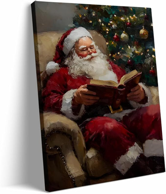 Framed Santa Reading Book Posters Christmas Canvas Print Wall Art Christmas Winter Wall Art Santa Claus Print Holiday Decor 20x30 framed