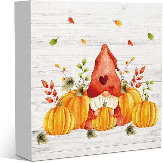 Gnomes Fall Thanksgiving Gnome Pumpkin Autumn Gifts Office Bedroom Dining Room Decor Wooden Box Block Plaque Wood Products Sign for Desk Table Tabletop Decor 5 x 5 inches Tub1605