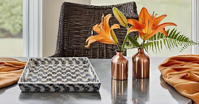 PEMAR Rectangular Mother of Pearl Serving Tray Coffee Table Ottoman Tray w Insert Handles, Luxury Decorative Handmade Eating Tray (Geometric Cube Pattern)