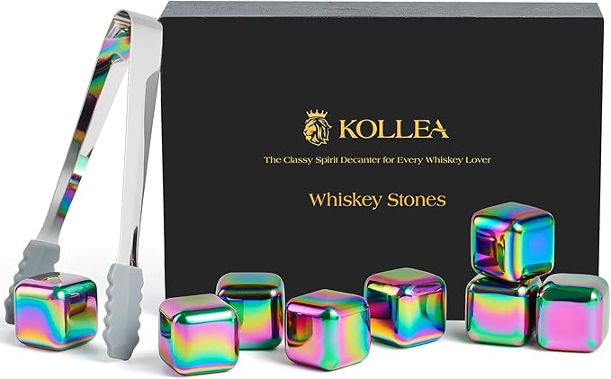 Kollea Whiskey Stones, 8 PCS Multicolor Stainless Steel Whiskey Chilling Rocks, Reusable Ice Cubes for Bottle Drinking, for Men Dad, Boyfriend, Bourbon, Cocktail Bar, Fathers, Anniversary