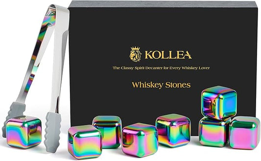 Kollea Whiskey Stones, 8 PCS Multicolor Stainless Steel Whiskey Chilling Rocks, Reusable Ice Cubes for Bottle Drinking, for Men Dad, Boyfriend, Bourbon, Cocktail Bar, Fathers, Anniversary
