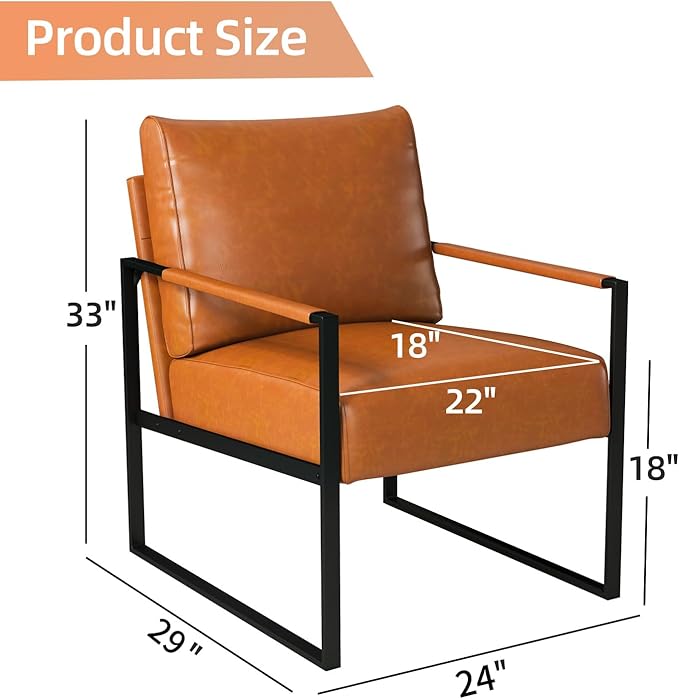 INZOY Leather Accent Chair with Metal Frame Set of 2, Comfy Living Room Chair with Plump Backrest and Cushion, Mid Century Modern Chair with Sturdy Structure, Easy to Clean, Brown