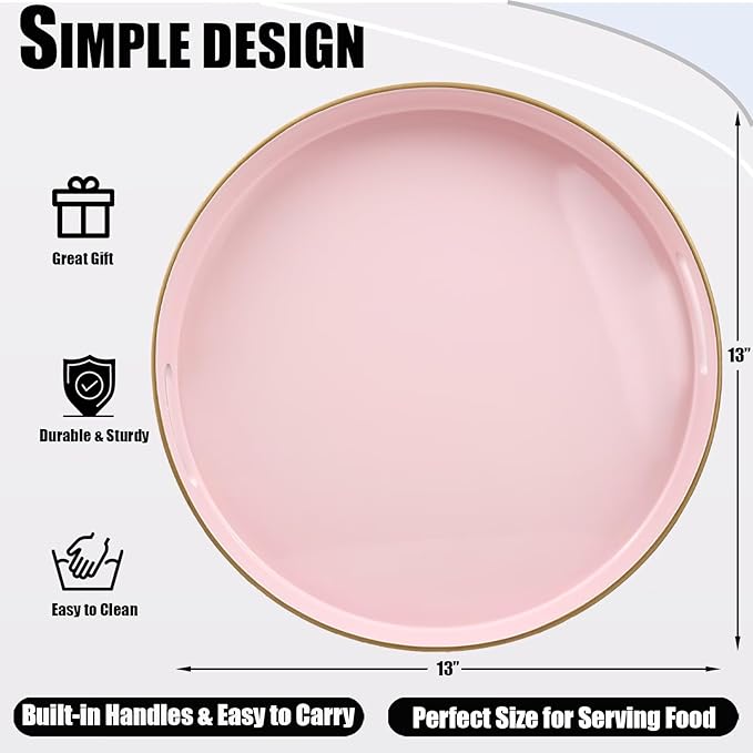 Pink Round Decorative Tray with Handles, 13" Elegant Coffee Table Serving Tray for Ottoman Living Room, Bathroom, Outdoors, Breakfast