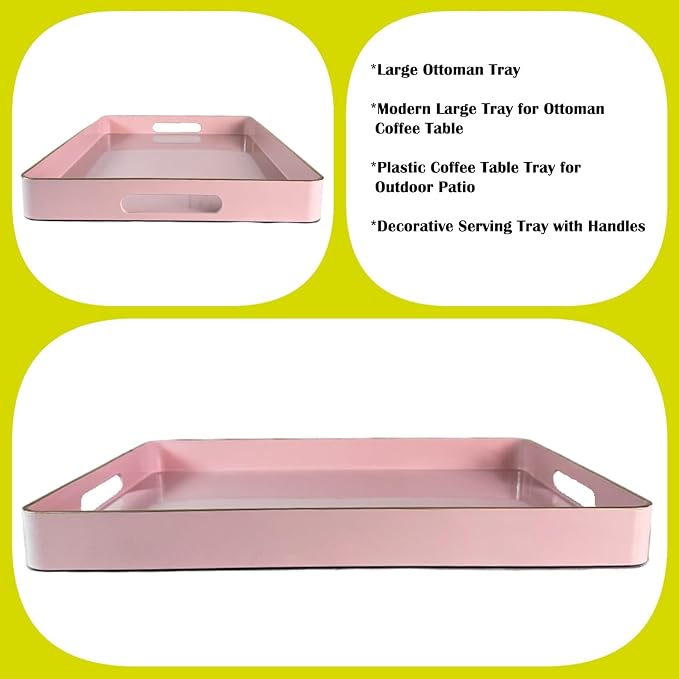Large Pink Tray, Elegant Plastic Coffee Table Tray for Ottoman, Home Decor, Living Room.16.7"*12"*1.6"