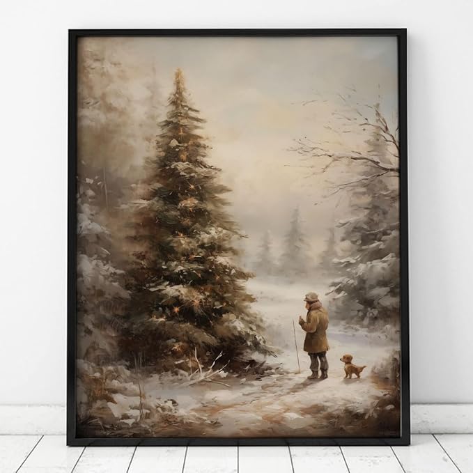Christmas Vintage Painting Print Winter Rustic Wall Art Farmhouse Christmas Holiday Decor Print Country Christmas Wall Art