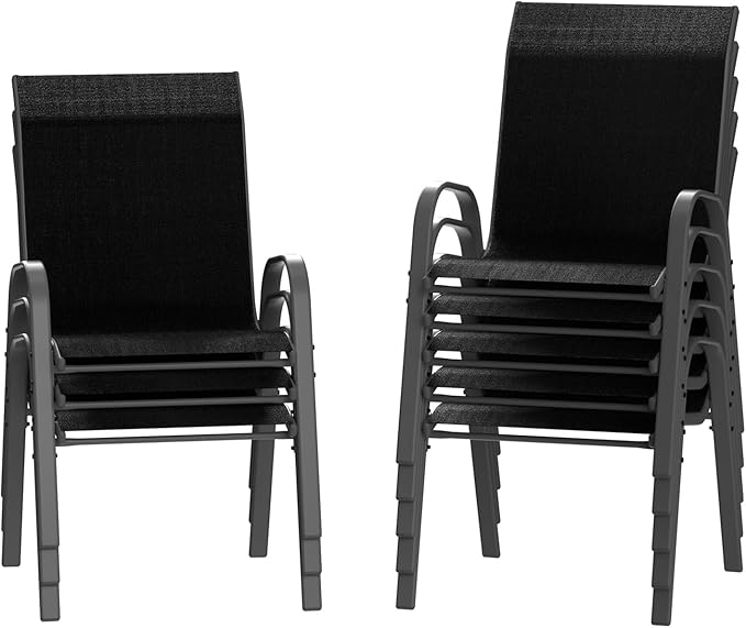 Amopatio Patio Chairs Set of 8, Outdoor Stackable Dining Chairs for All Weather, Breathable Garden Outdoor Furnitures for Backyard Deck, Black