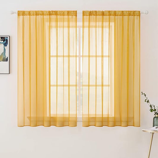MIULEE 2 Panels Solid Color Sheer Window Curtains Elegant Window Voile Fall Panels/Drapes/Treatment for Bedroom Living Room (54X54 Inches Gold)