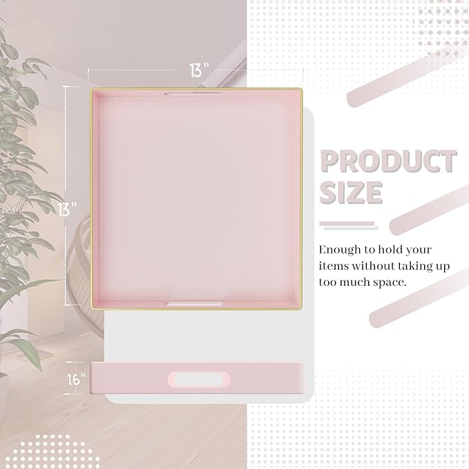 MAONAME Decorative Tray, Pink Serving Tray with Handles, Coffee Table Trays, Square Plastic Trays for Ottoman, Bathroom, Kitchen, 13"x13"x1.57"