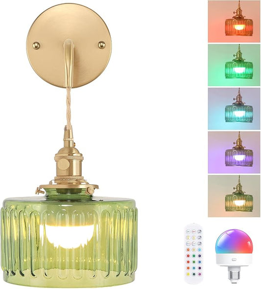 Battery Operated Wall Sconce with Green Striped Shade Pattern Glass Adjustable Chain Retro Gold Wall Mounted Light, Modern Wall Lamp Fixtures Decor for Bedside Bedroom Indoor Doorway