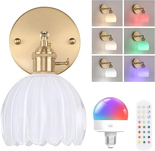 Vintage Battery Operated Wall Sconce with Cute White Tulip Glass Lampshade Wireless Rechargeable Battery Powered Wall Light with Remote Control for Bedside Bedroom Doorway