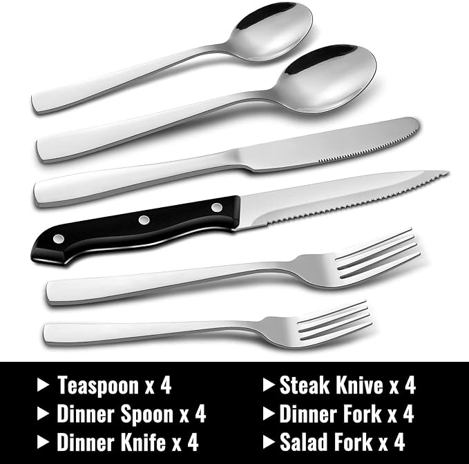 Hiware 24-Piece Silverware Set with Steak Knives, Stainless Steel Flatware Cutlery, Mirror Polished Flatware Serving Utensils Set for 4, Includes Forks Spoons Knives Silverware, Dishwasher Safe