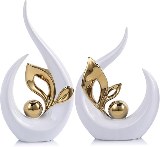 9.4" H White Gold Abstract Sculptures Home Decor, Ceramic Art Statue Cool Stuff to Put on Shelves&tv Stand Decor, Gold Accent Entertainment Center, for Fireplace Coffee Table Dining Table Decorate
