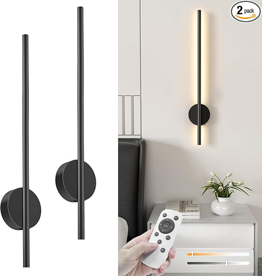 NIORSUN 27.6 Inch Battery Operated Wall Sconce Set of 2, Black Minimalism Rechargeable Wall Lights with Remote, 3CCT Dimmable Wireless Wall Lamp for Living Room Bedroom Hallway
