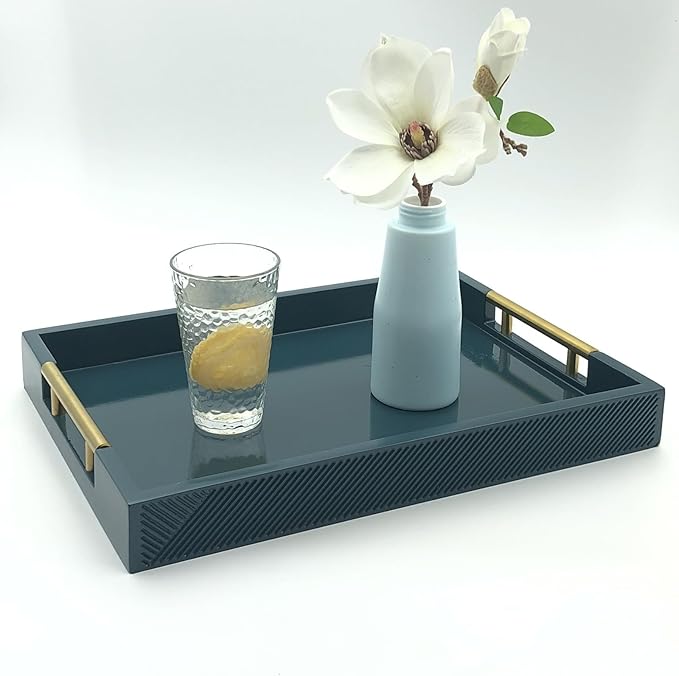 Serving Tray with Polished Metal Handles, 16.5''x12'' Rectangle Coffee Table Tray, Modern Decorative Tray, Large Ottoman Tray, Perfect for Storage and Display (Teal)