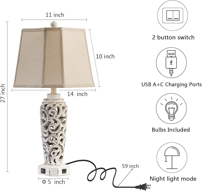 27" Rustic Table Lamps Set of 2 for Living Room with USB A+C Ports, Vintage Nightstand Bedroom Lamp with Hollow Nightlight